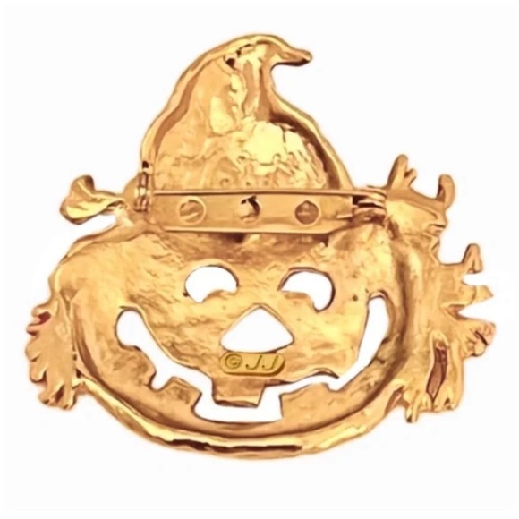 VINTAGE • JJ Jonette Jack-o-Lantern Pumpkin Witch Scarecrow Lapel Pin Brooch - Picture 3 of 5